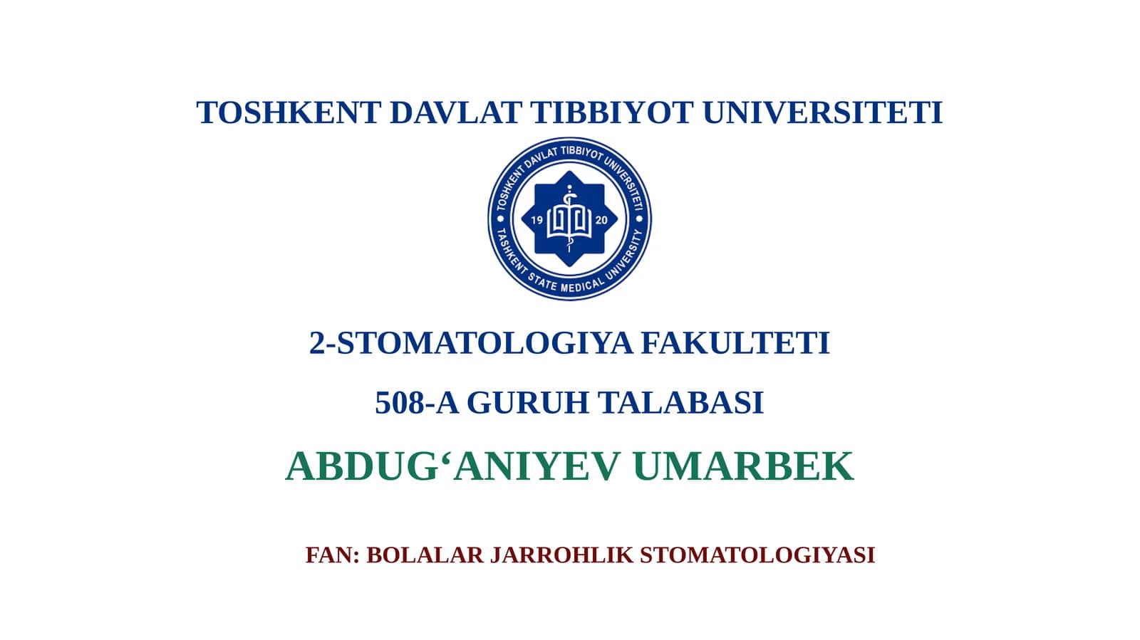 BOLALAR STOMATOLOGIYASIDA OG‘RIQSIZLANTIRISHBOLALARDA TISHLARNI OLISH