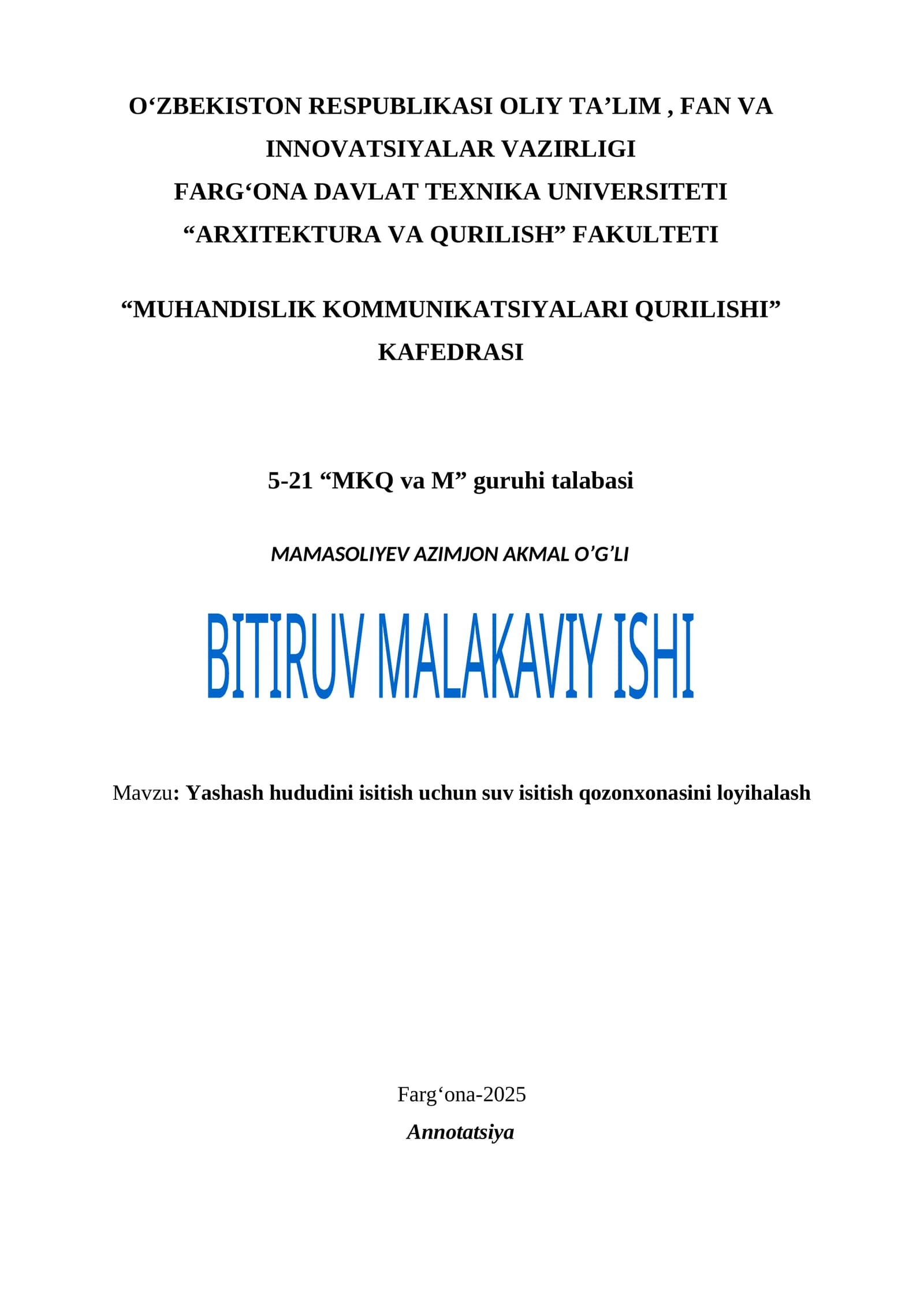 Yashash hududini isitish uchun suv isitish qozonxonasini loyihalash
