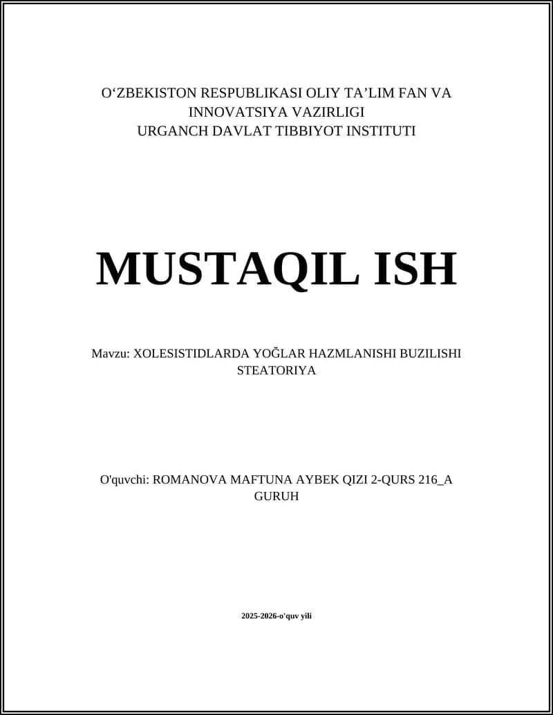XOLESISTIDLARDA YOĞLAR HAZMLANISHI BUZILISHI STEATORIYA
