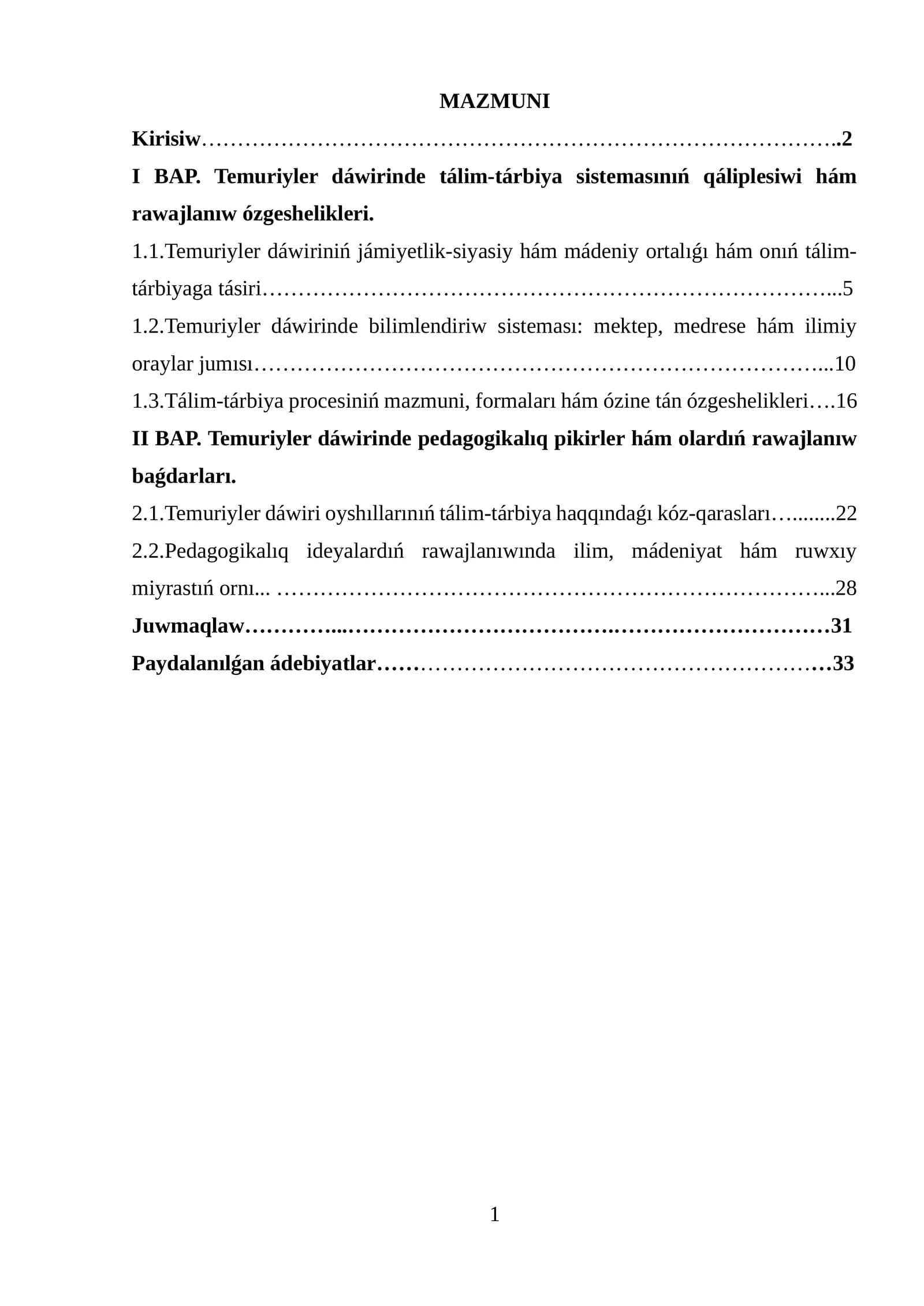 Temuriyler dáwirinde tálim-tárbiya sistemasınıń qáliplesiwi hám rawajlanıw ózgeshelikleri