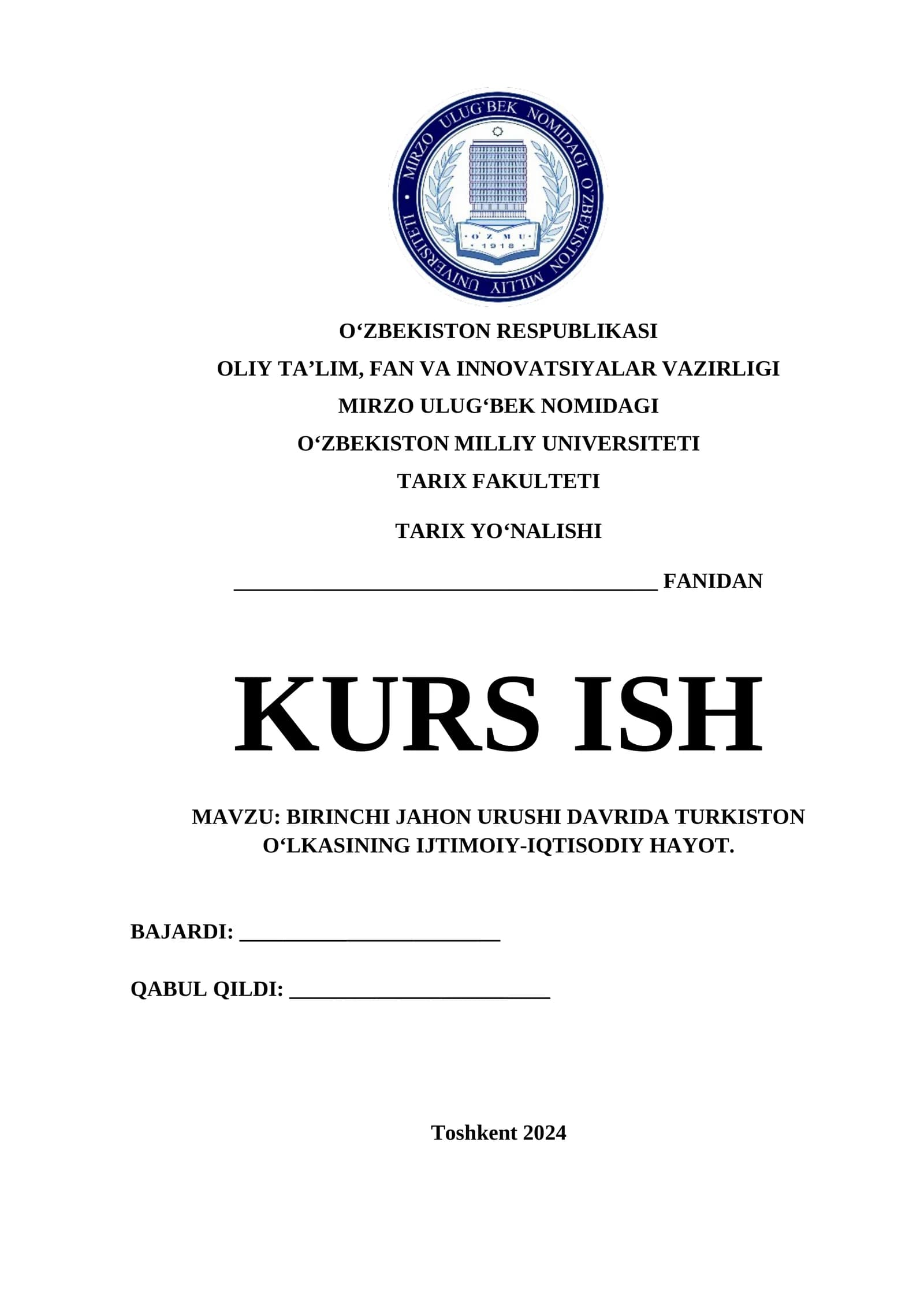 BIRINCHI JAHON URUSHI DAVRIDA TURKISTON O‘LKASINING IJTIMOIY-IQTISODIY HAYOT.