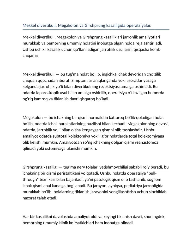 Mekkel divertikuli, Megakolon va Girshprung kasalligida operatsiyalar