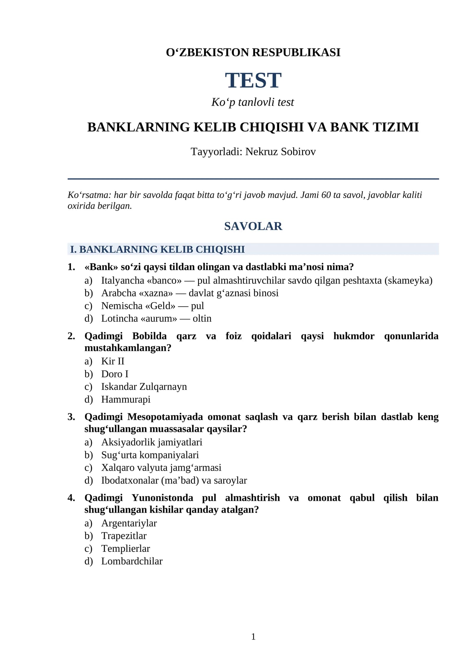 BANKLARNING KELIB CHIQISHI VA BANK TIZIMI
