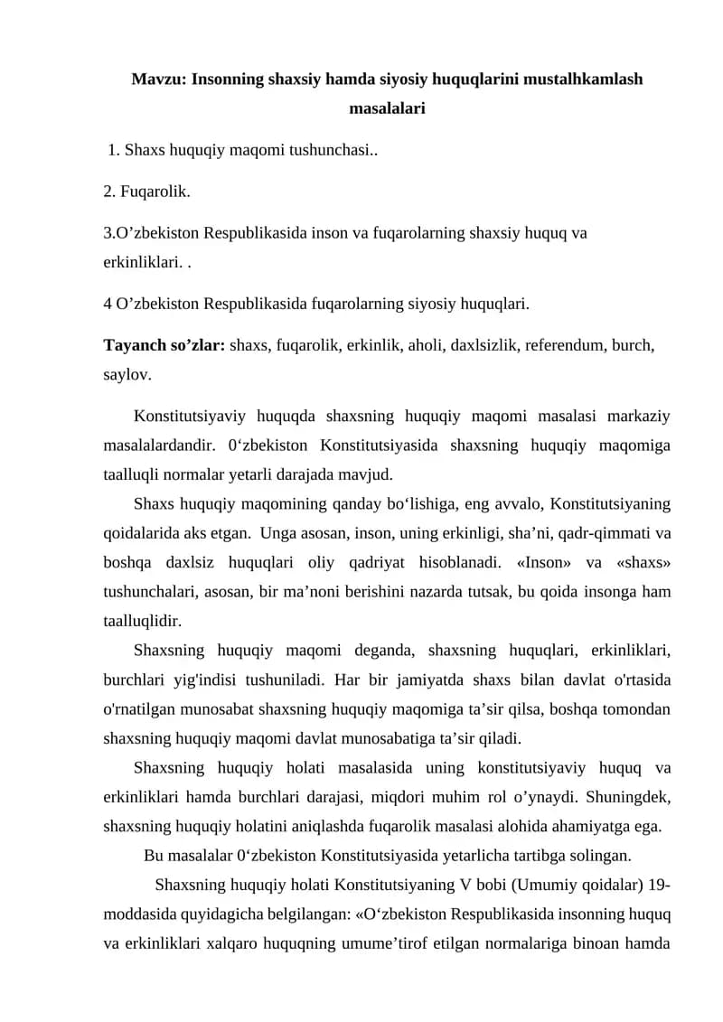 Insonning shaxsiy hamda siyosiy huquqlarini mustalhkamlash masalalari