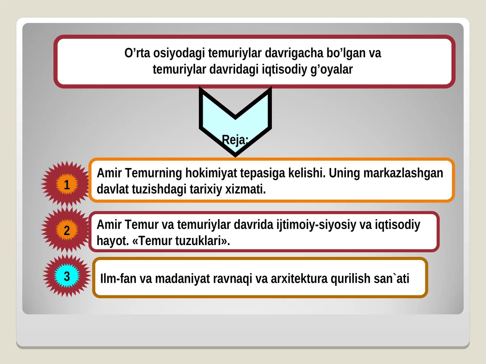 Amir Temur va temuriylar davridagi ijtimoiy-siyosiy va iqtisodiy hayot.«Temur tuzuklari»