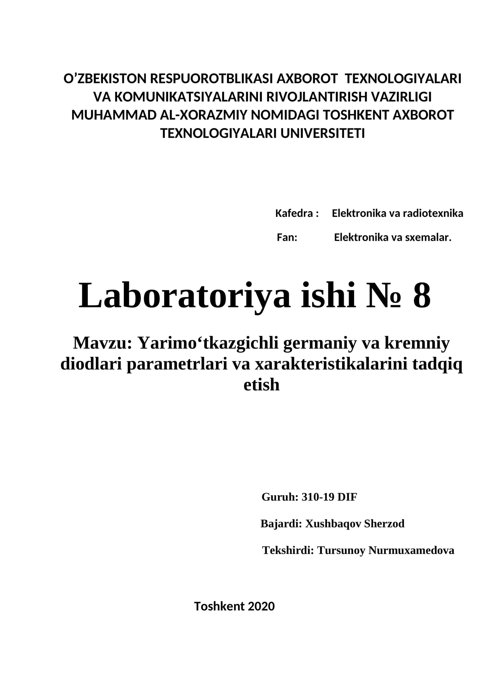 Yarimo‘tkazgichli germaniy va kremniy diodlari parametrlari va xarakteristikalarini tadqiq etish
