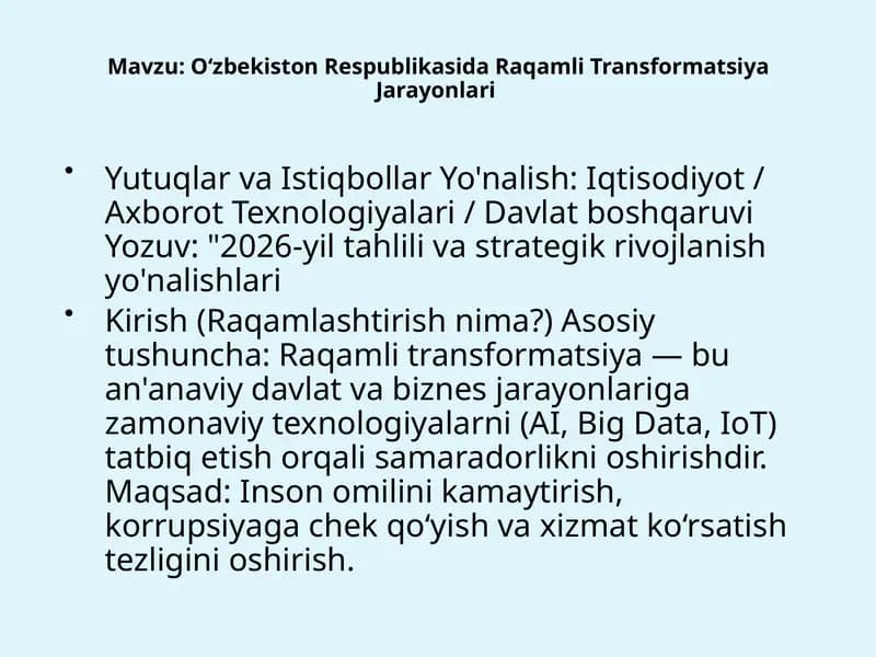 O‘zbekiston Respublikasida Raqamli Transformatsiya Jarayonlari