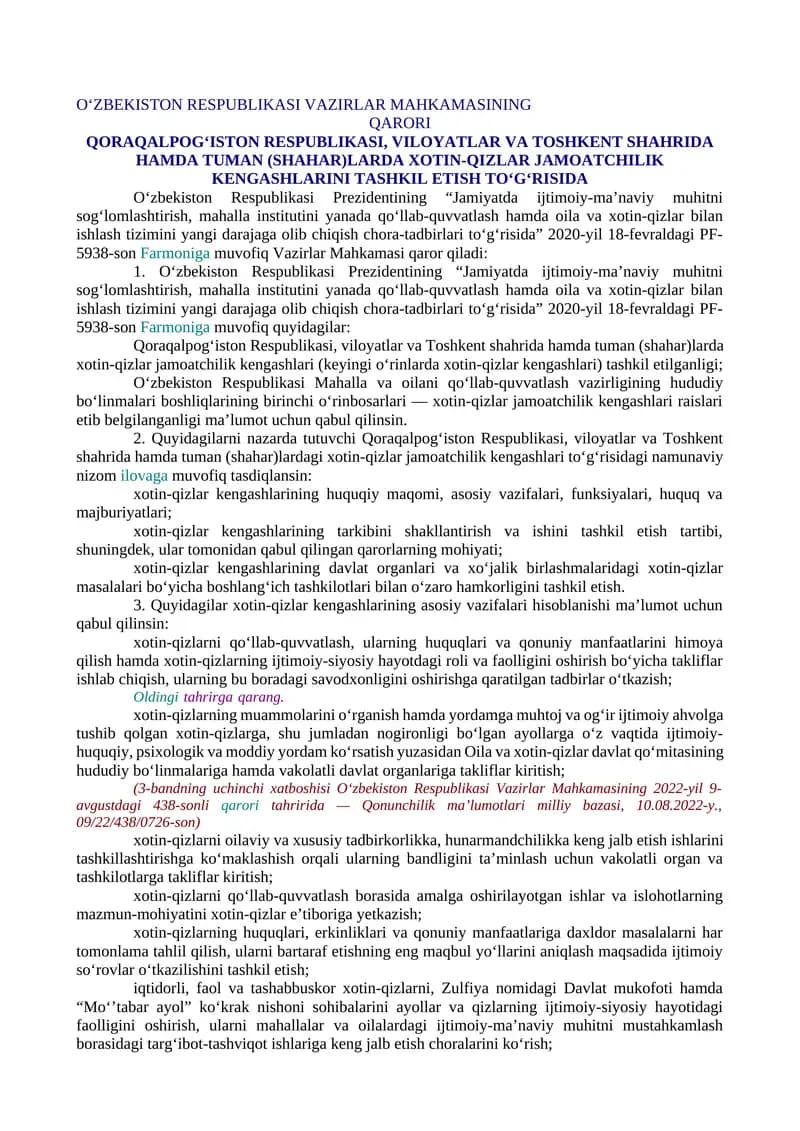 QORAQALPOG‘ISTON RESPUBLIKASI, VILOYATLAR VA TOSHKENT SHAHRIDA HAMDA TUMAN (SHAHAR)LARDA XOTIN-QIZLAR JAMOATCHILIK KENGASHLARINI TASHKIL ETISH TO‘G‘RISIDA