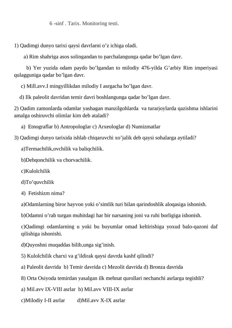 6 -sinf. Tarix. Monitoring testi.