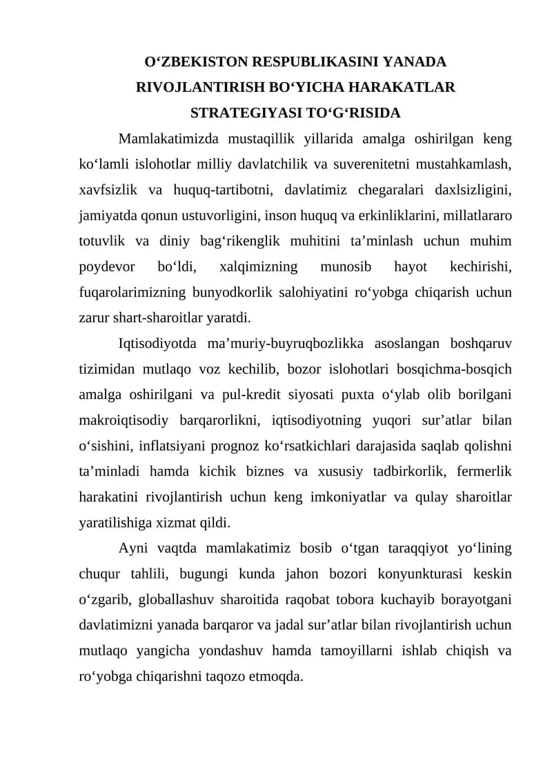 O‘zbekiston Respublikasini Yanada Rivojlantirish Bo‘yicha Harakatlar Strategiyasi