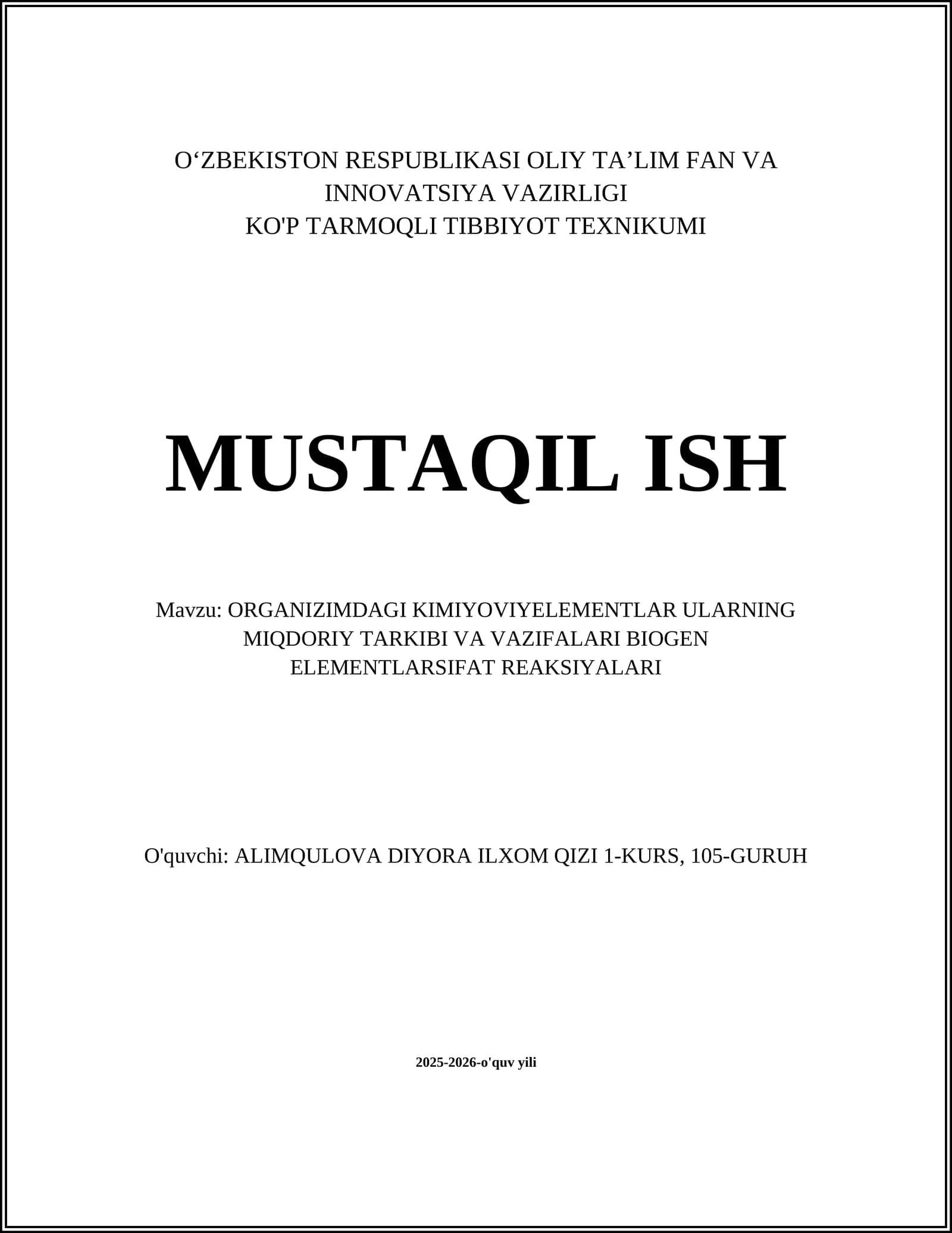 ORGANIZIMDAGI KIMIYOVIYELEMENTLAR ULARNING MIQDORIY TARKIBI VA VAZIFALARI BIOGEN ELEMENTLARSIFAT REAKSIYALARI
