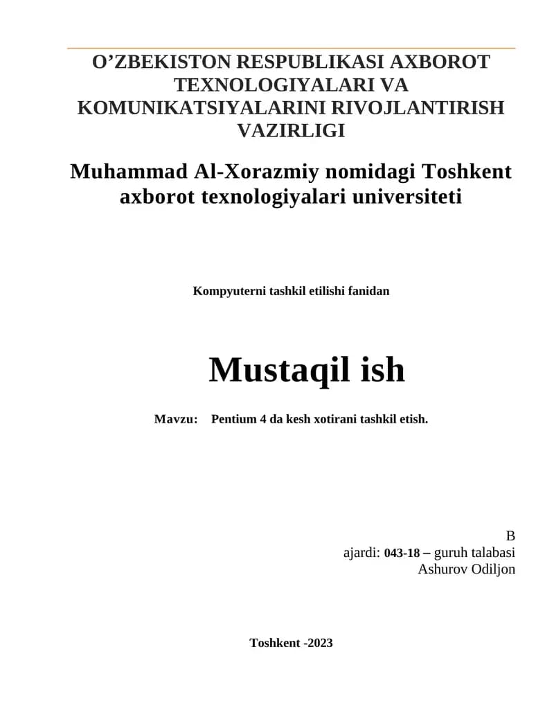 Pentium 4 da kesh xotirani tashkil etish