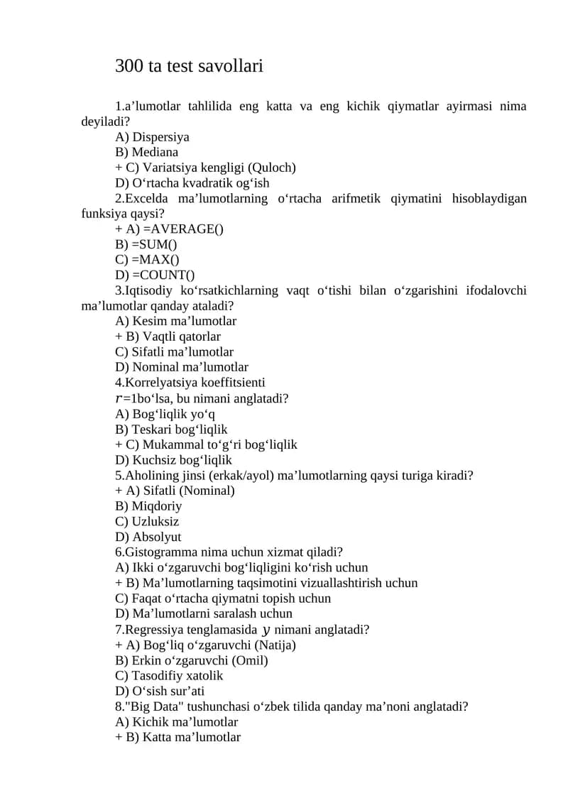 Iqtisodiyotda malumotlar tahlili 2026 test 300 ta
