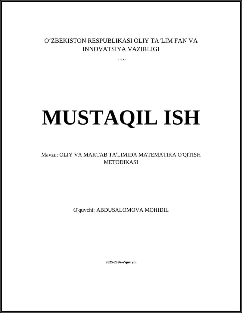 OLIY VA MAKTAB TA'LIMIDA MATEMATIKA O'QITISH METODIKASI