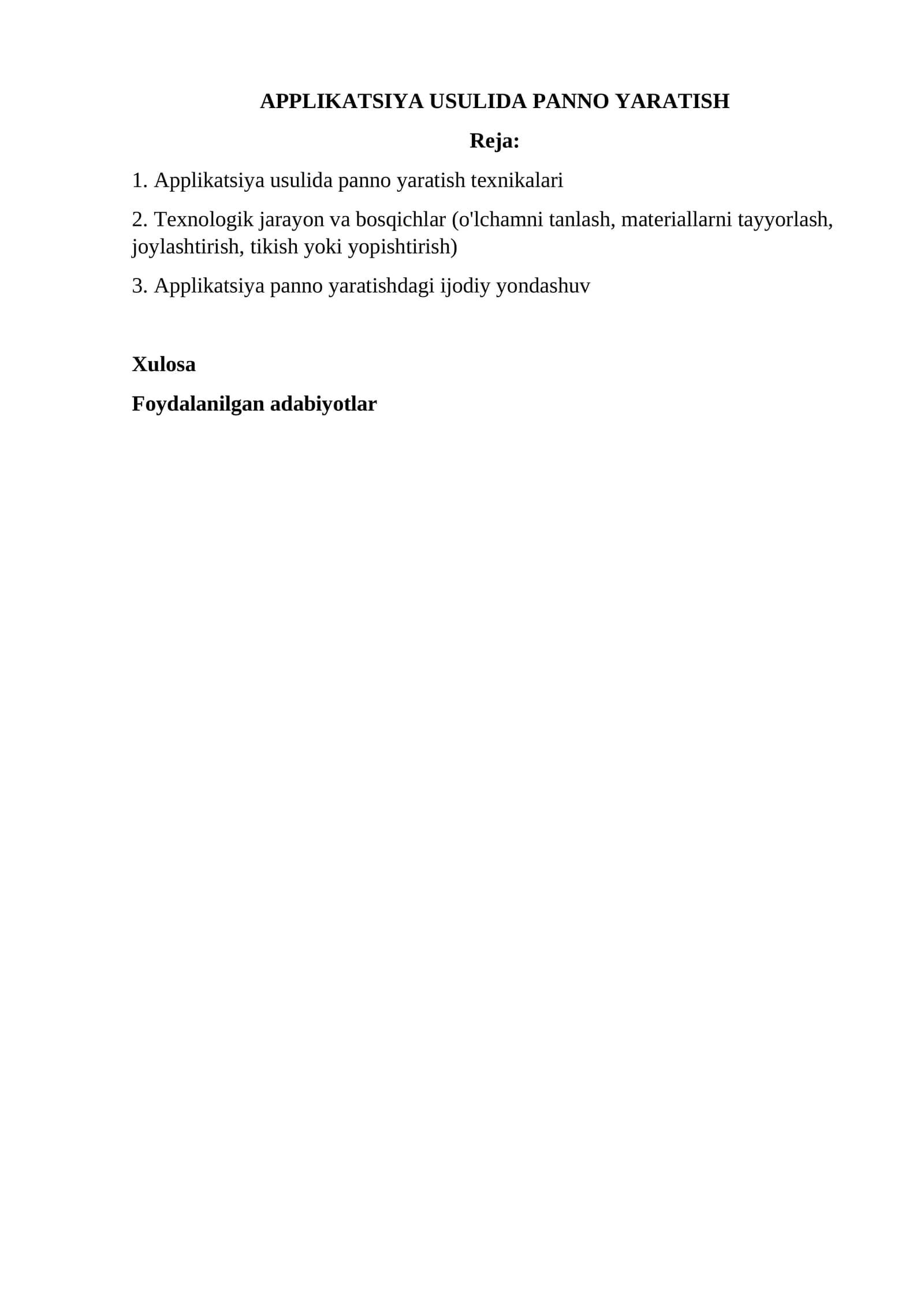 APPLIKATSIYA USULIDA PANNO YARATISH