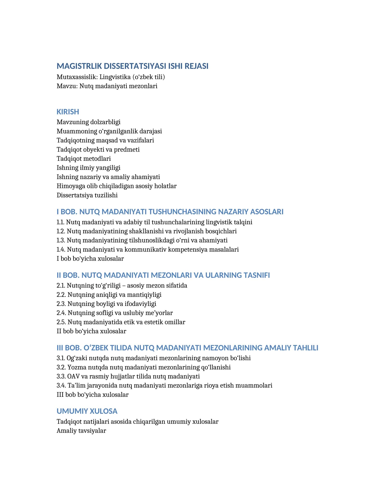 MAGISTRLIK DISSERTATSIYASI ISHI REJASI