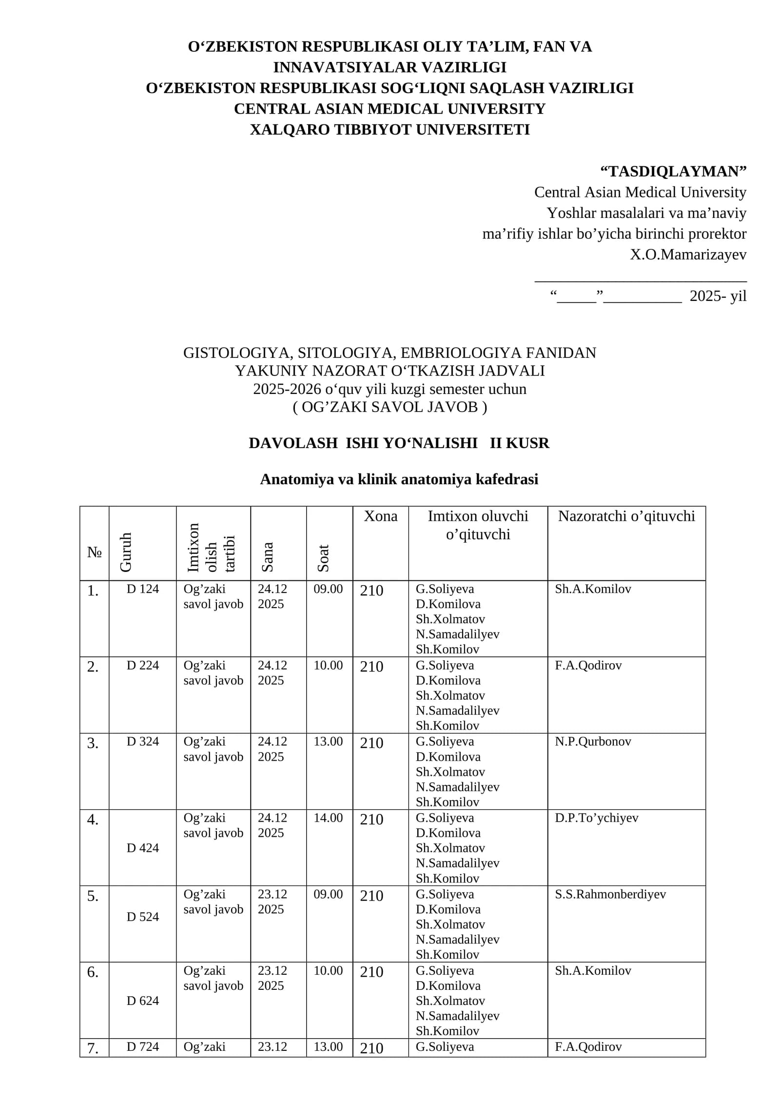 GISTOLOGIYA, SITOLOGIYA, EMBRIOLOGIYA FANIDAN YAKUNIY NAZORAT O‘TKAZISH JADVALI 2025-2026 o'quv yili kuzgi semester uchun