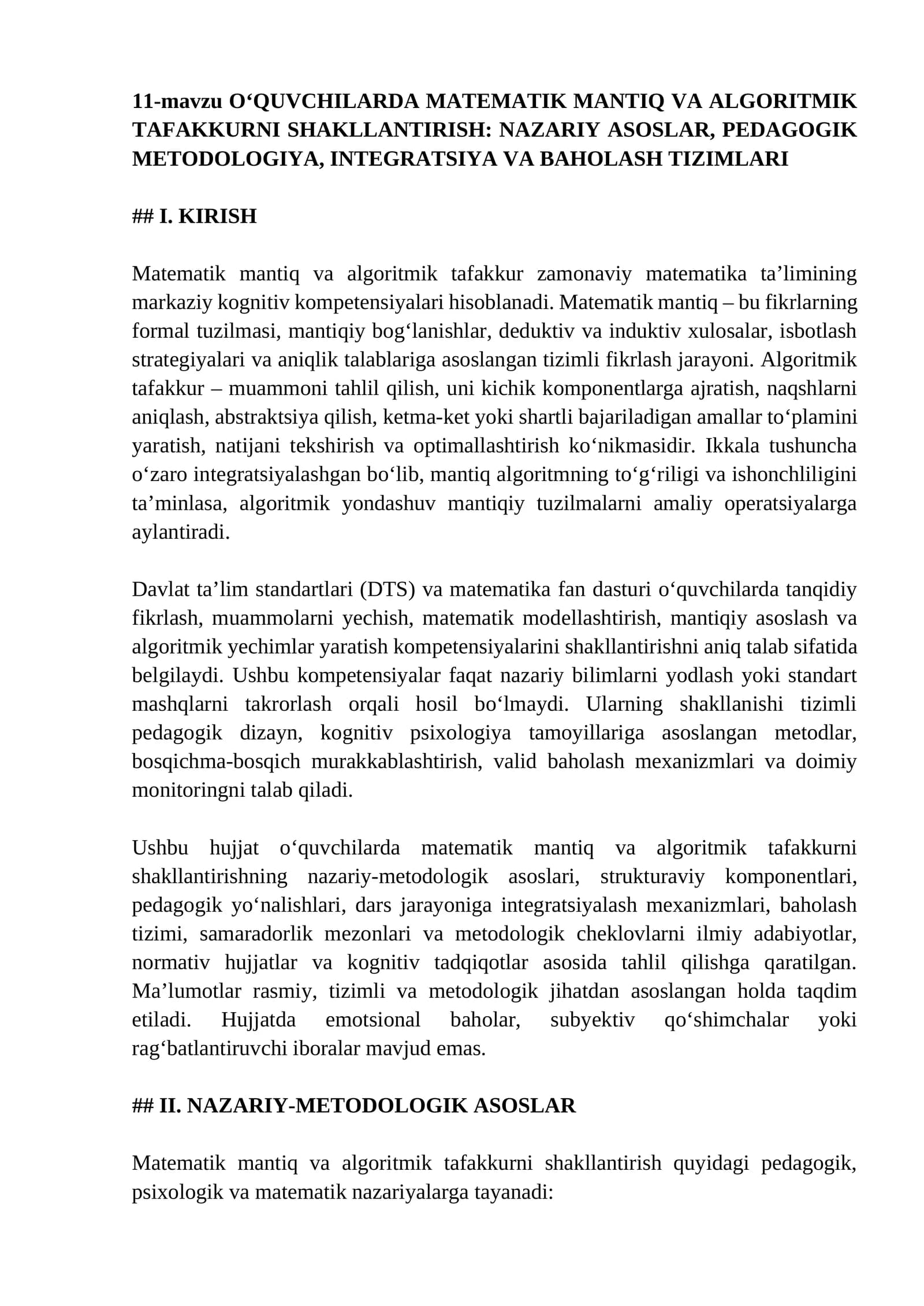 O‘QUVCHILARDA MATEMATIK MANTIQ VA ALGORITMIK TAFAKKURNI SHAKLLANTIRISH: NAZARIY ASOSLAR, PEDAGOGIK METODOLOGIYA, INTEGRATSIYA VA BAHOLASH TIZIMLARI