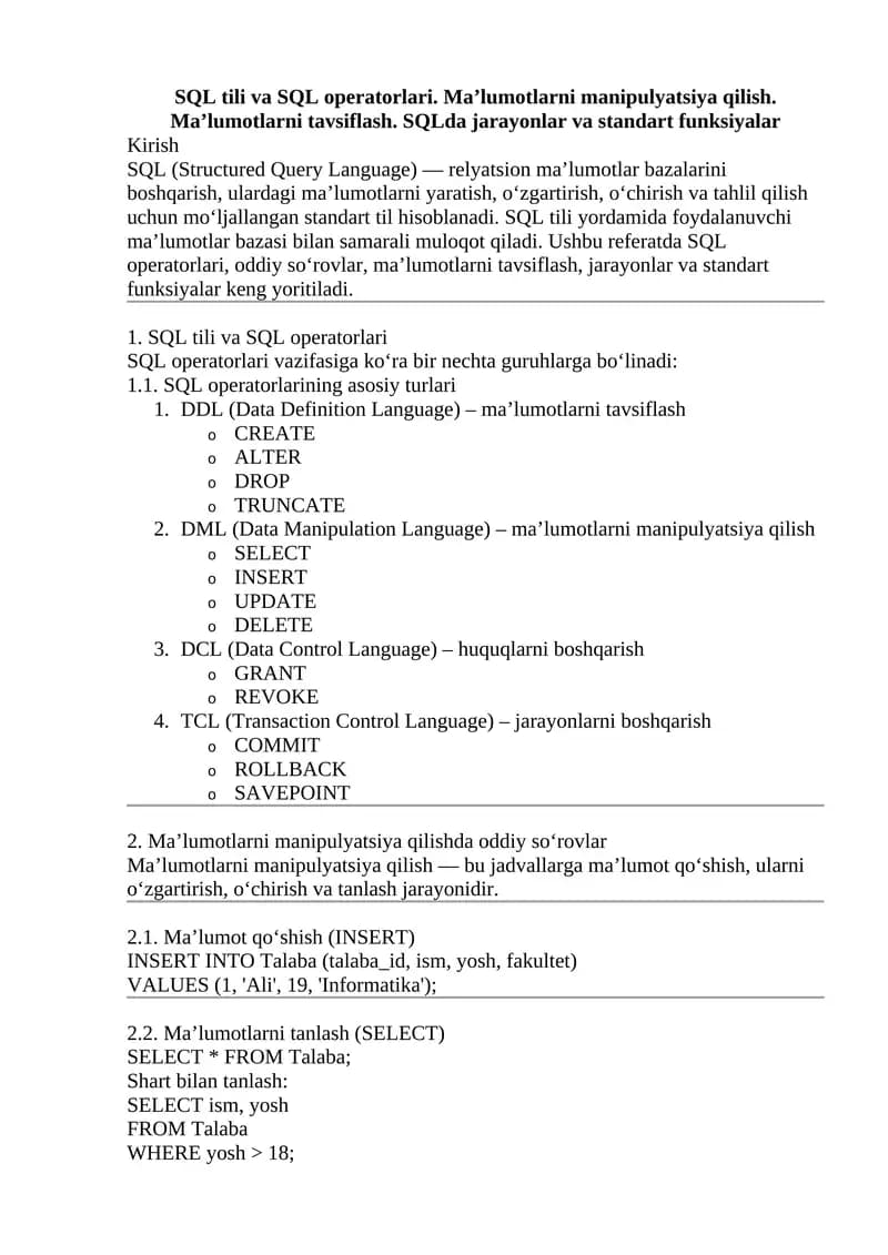 SQL tili va SQL operatorlari