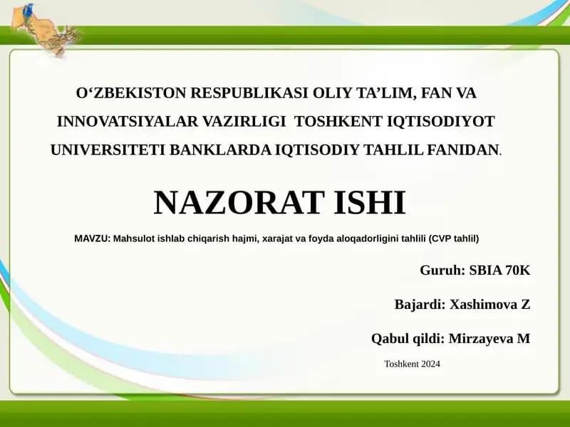 Mahsulot ishlab chiqarish hajmi, xarajat va foyda aloqadorligini tahlili (CVP tahlil)