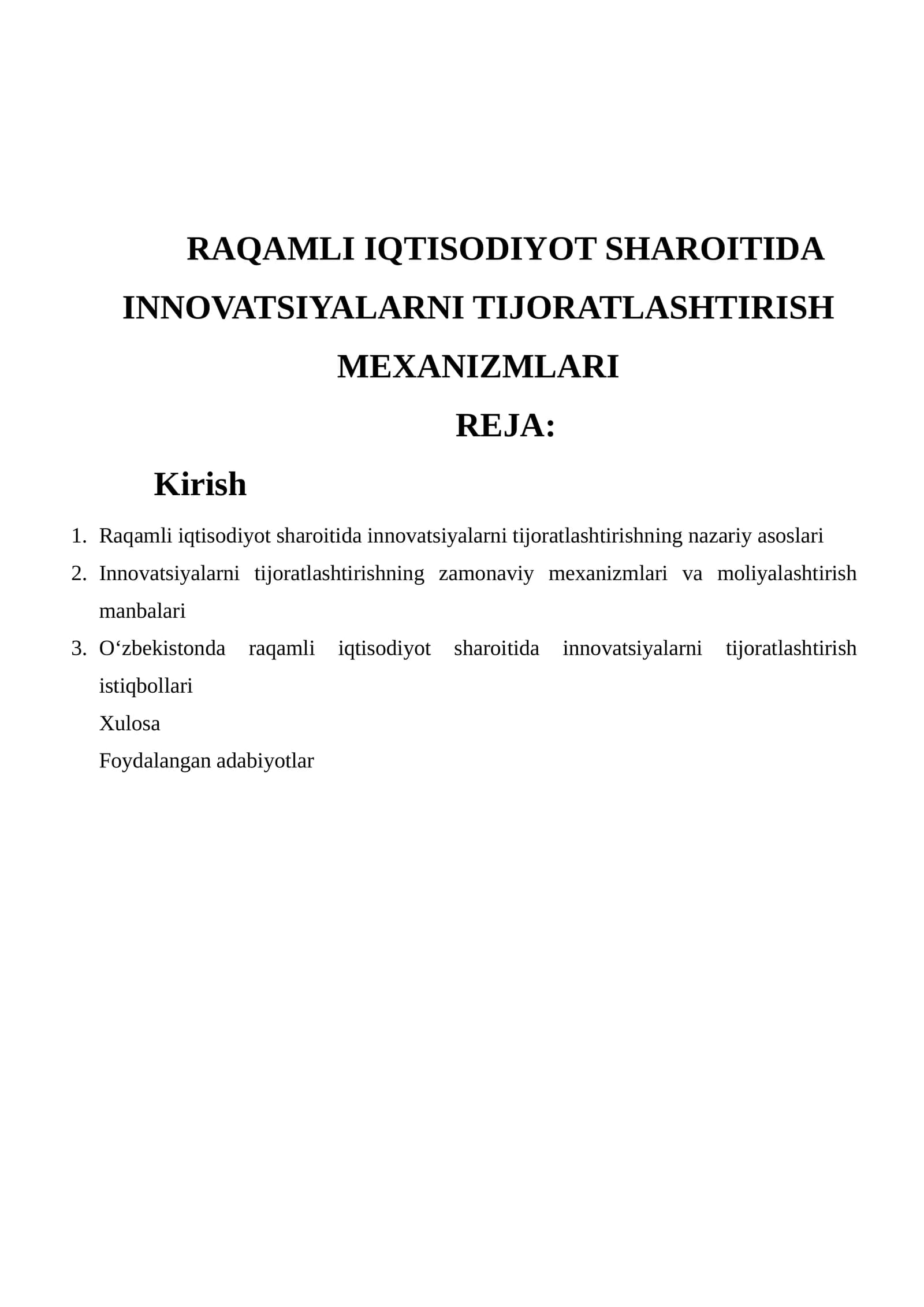 Raqamli iqtisodiyot sharoitida innovatsiyalarni tijoratlashtirish mexanizmlari