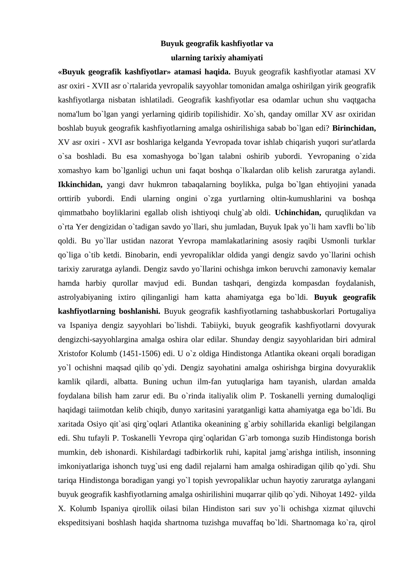 Buyuk geografik kashfiyotlar va ularning tarixiy ahamiyati