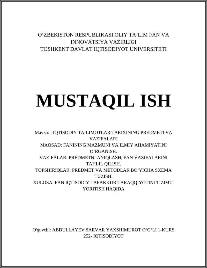 Iqtisodiy Ta'limotlar Tarixining Predmeti va Vazifalari