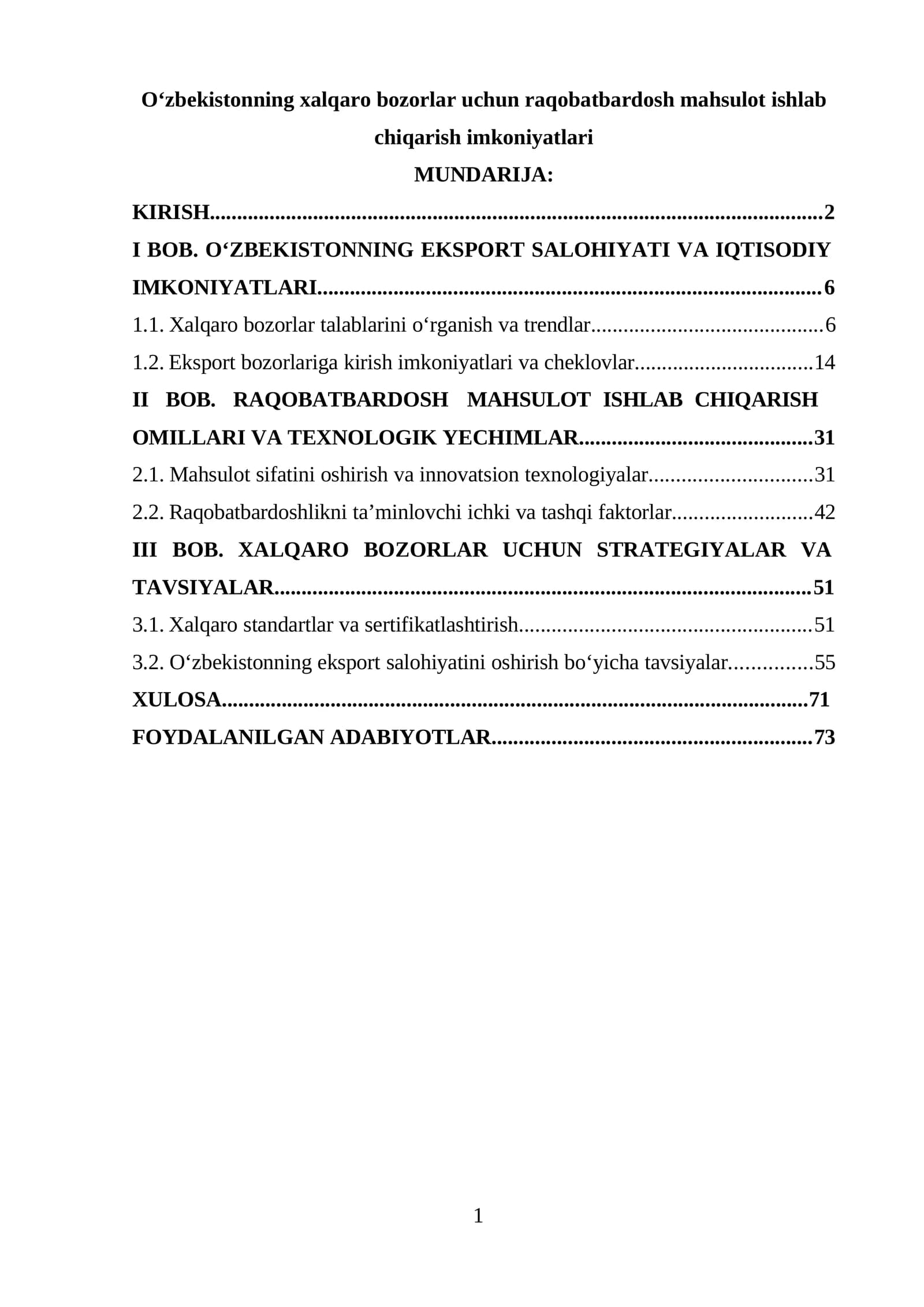 O‘zbekistonning xalqaro bozorlar uchun raqobatbardosh mahsulot ishlab chiqarish imkoniyatlari