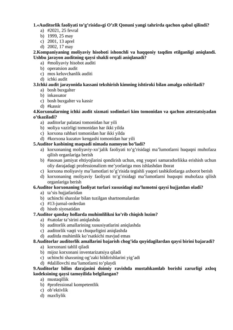 Audit fanidan yakuniy test savollari javoblari bilan