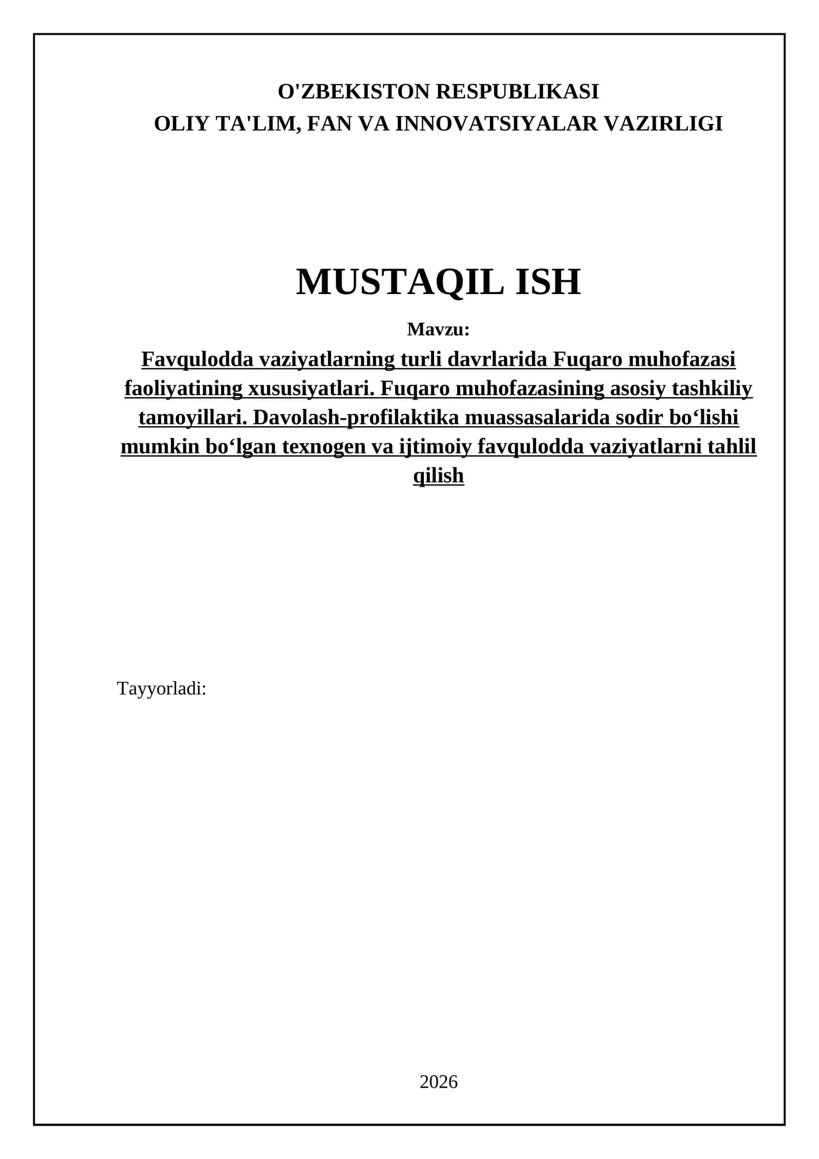 Favqulodda vaziyatlarning turli davrlarida Fuqaro muhofazasi faoliyatining xususiyatlari. Fuqaro muhofazasining asosiy tashkiliy tamoyillari. Davolash-profilaktika muassasalarida sodir bo‘lishi mumkin bo‘lgan texnogen va ijtimoiy favqulodda vaziyatlarni tahlil qilish