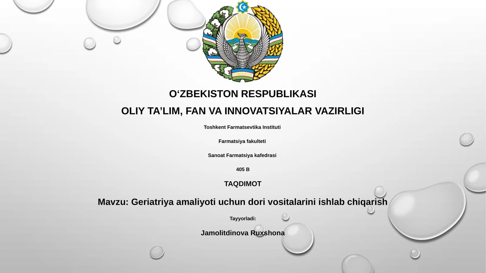 Geriatriya amaliyoti uchun dori vositalarini ishlab chiqarish