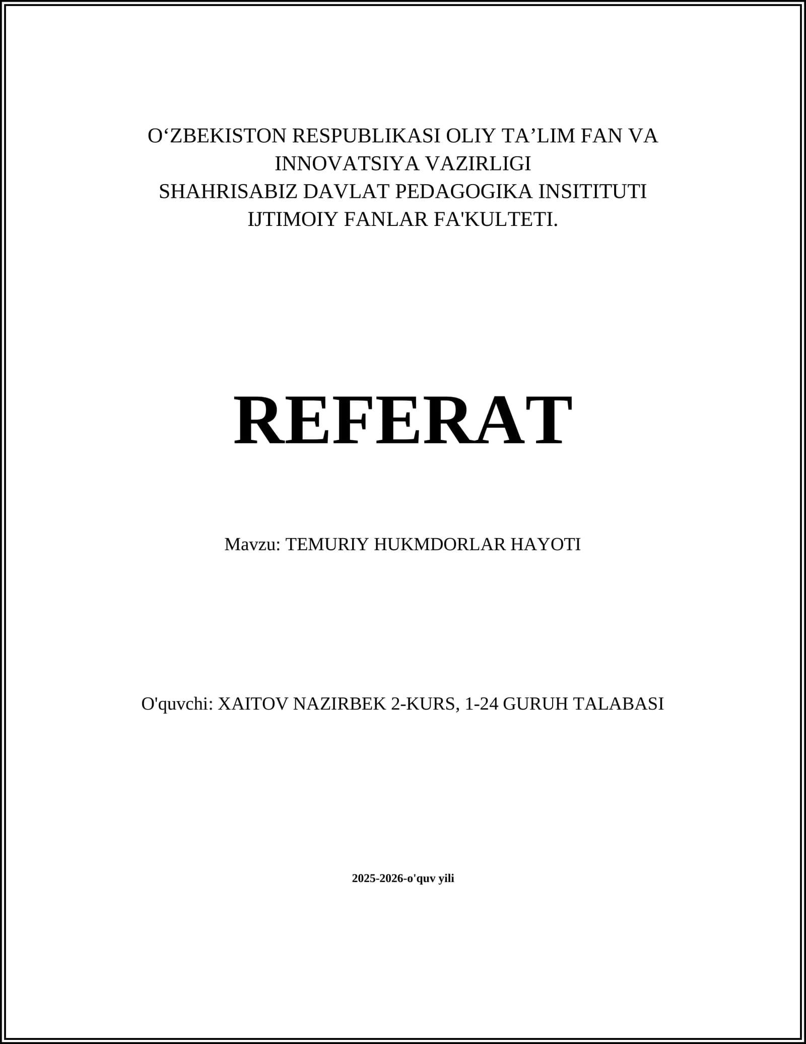 TEMURIY HUKMDORLAR HAYOTI