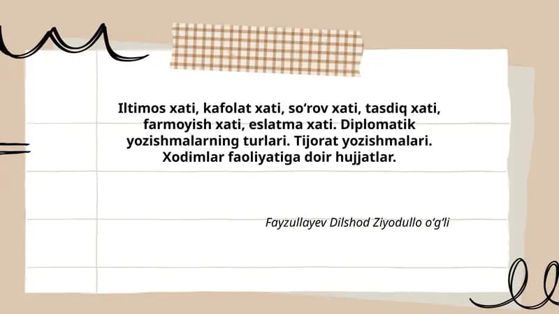 Diplomatik va tijorat yozishmalari. Xodimlar faoliyatiga doir hujjatlar