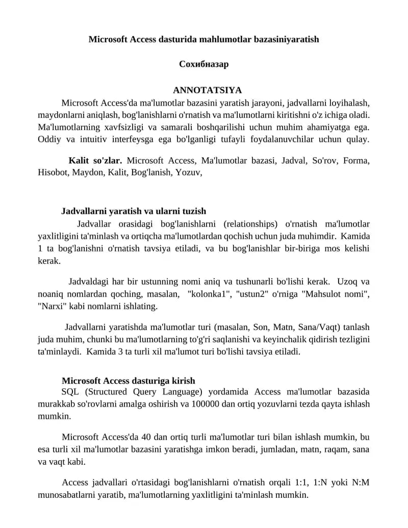 Microsoft Access dasturida mahlumotlar bazasiniyaratish