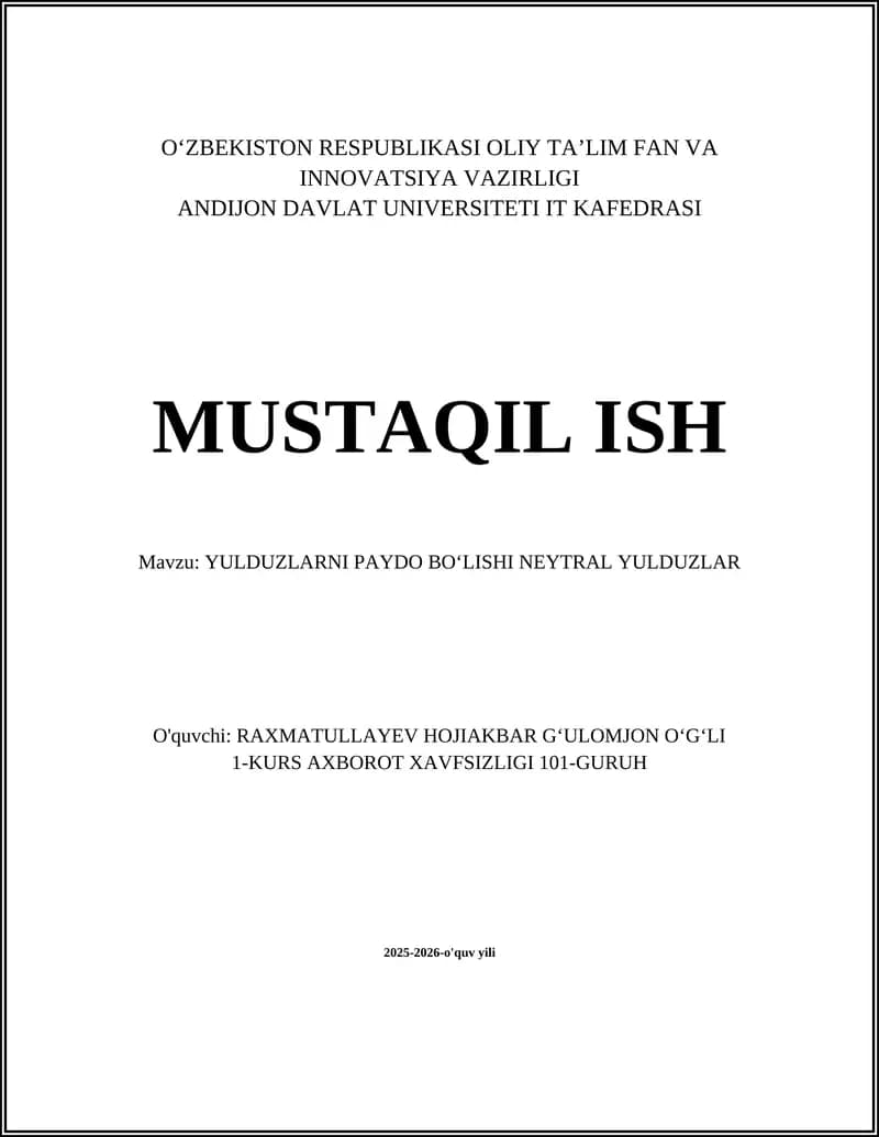 YULDUZLARNI PAYDO BOʻLISHI NEYTRAL YULDUZLAR