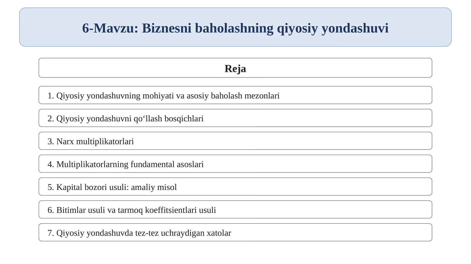 Biznesni baholashning qiyosiy yondashuvi