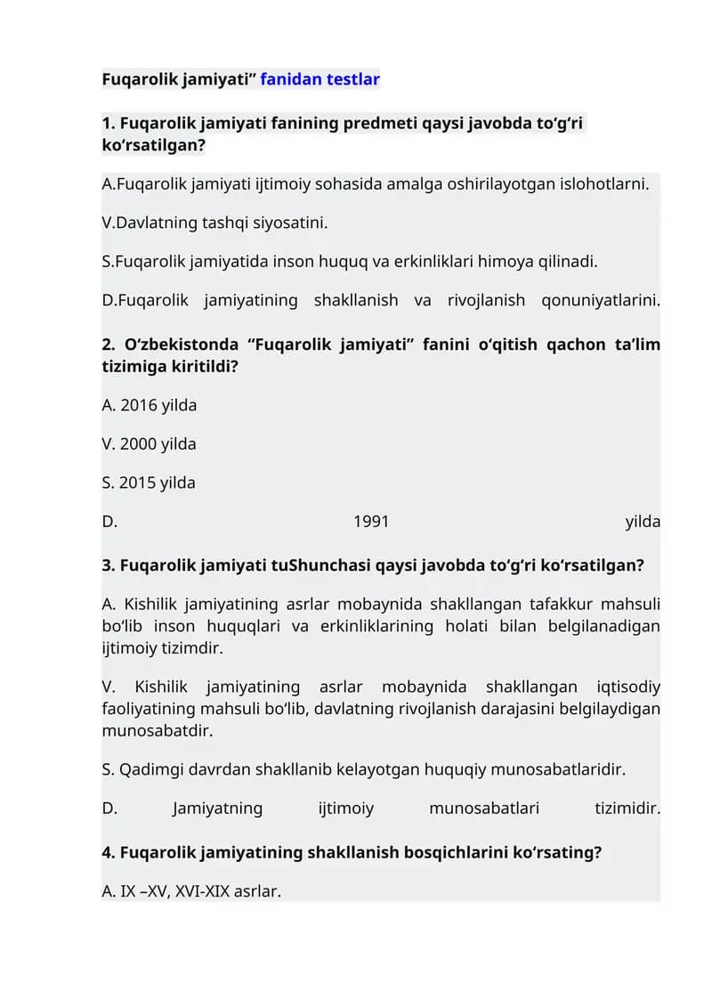 "Fuqarolik jamiyati”fanidan testlar