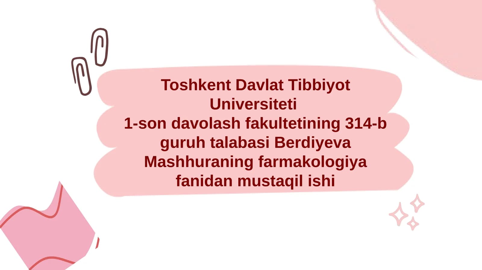 1-son davolash fakultetining 314-b guruhta labasi Berdiyeva Mashhurani farmakologiya fanidan mustaqil ishi