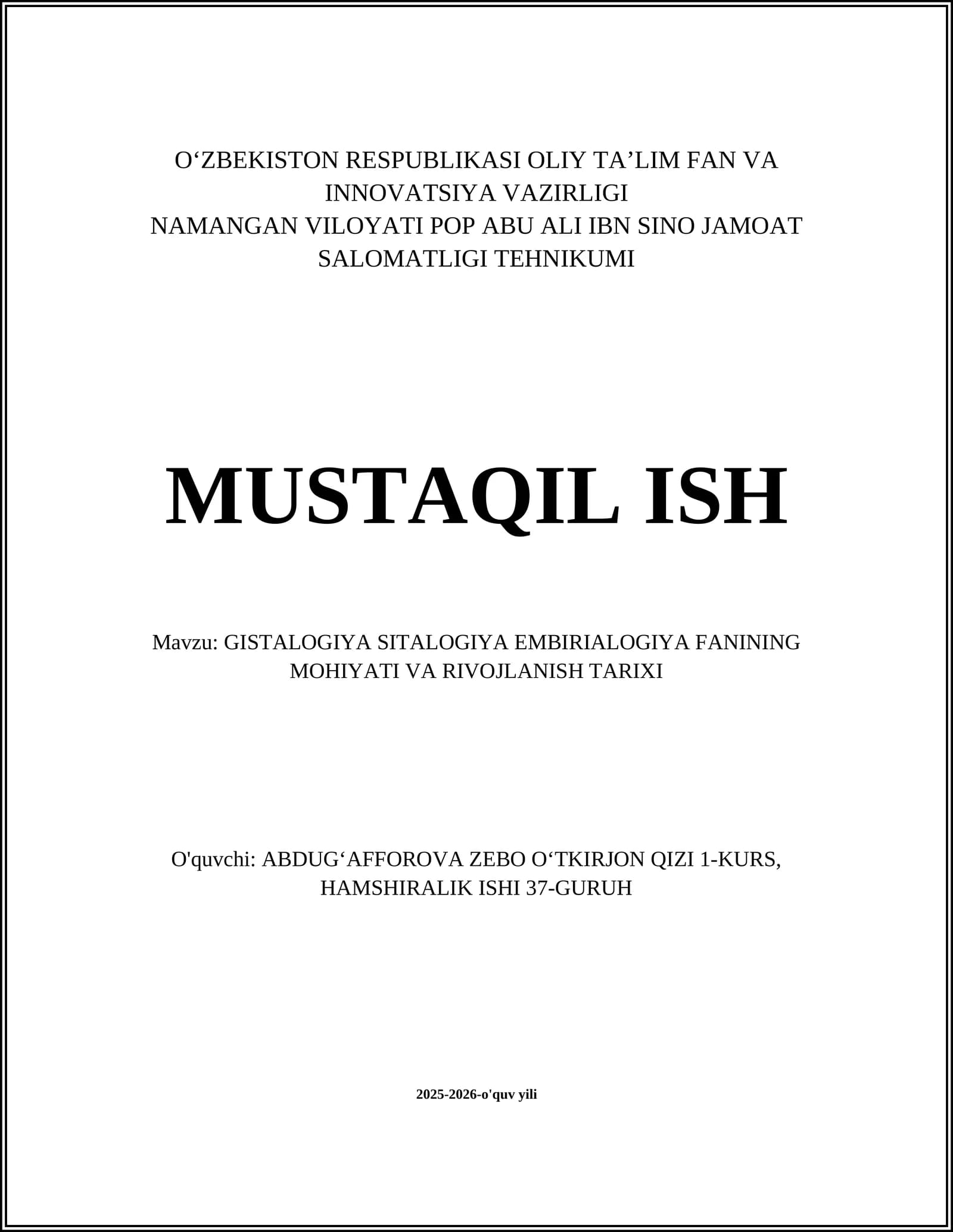 GISTALOGIYA SITALOGIYA EMBIRIALOGIYA FANINING MOHIYATI VA RIVOJLANISH TARIXI