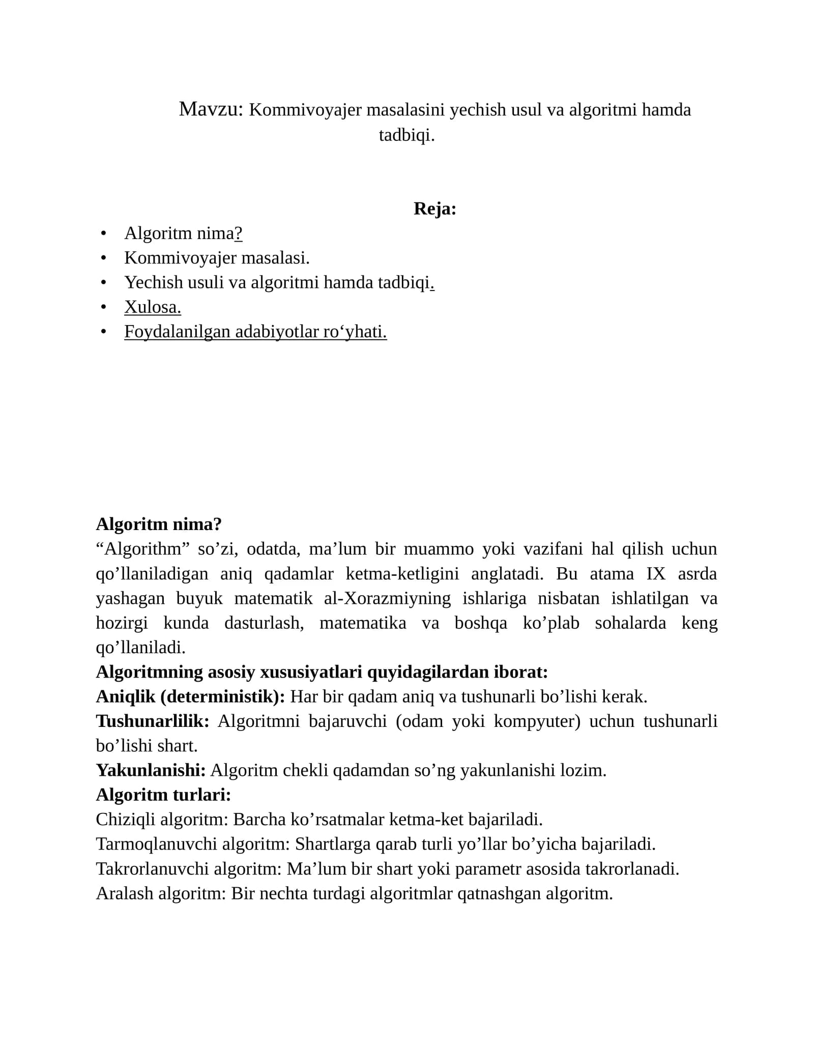 Kommivoyajer masalasini yechish usul va algoritmi
