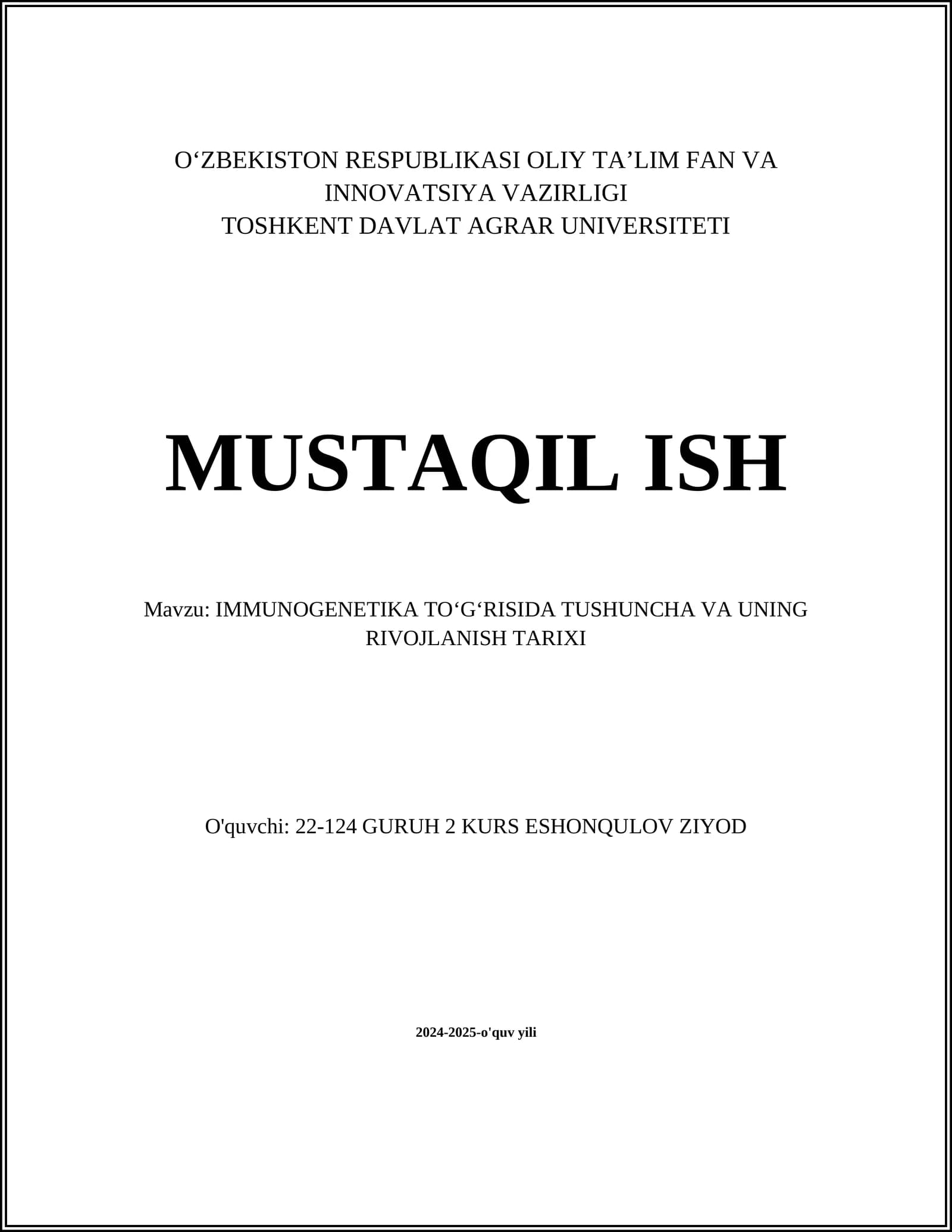 IMMUNOGENETIKA TOʻGʻRISIDA TUSHUNCHA VA UNING RIVOJLANISH TARIXI