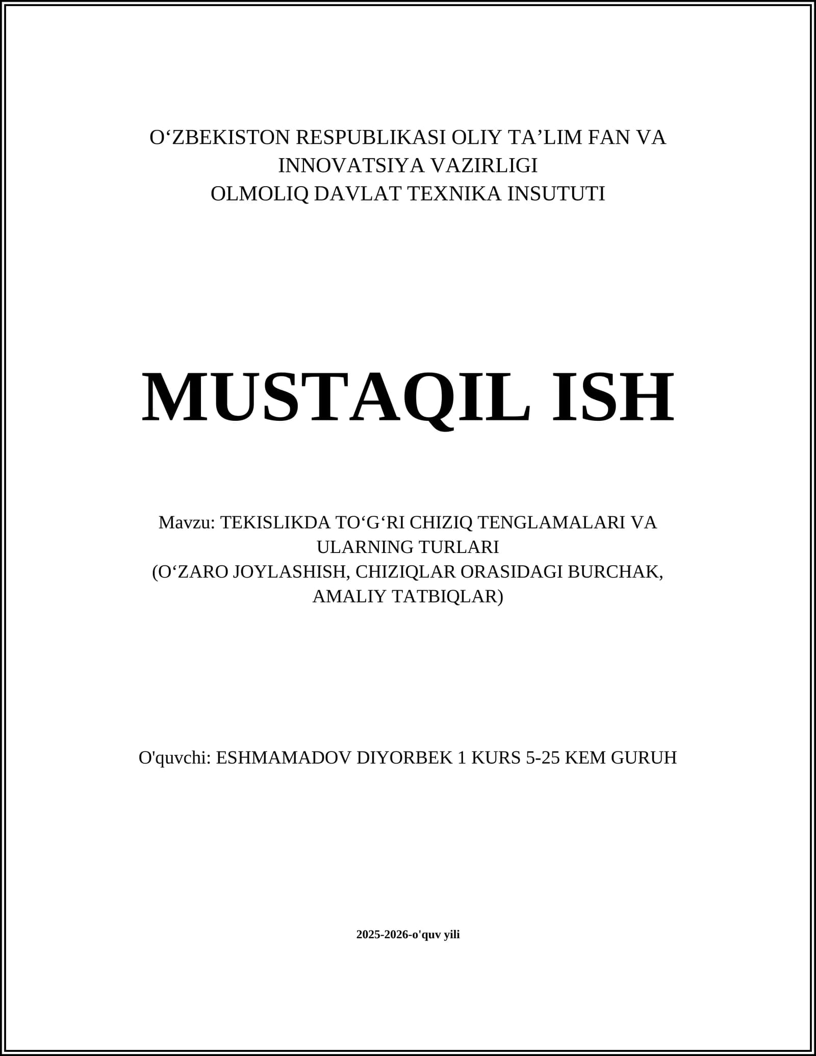 TEKISLIKDA TO‘G‘RI CHIZIQ TENGLAMALARI VA ULARNING TURLARI
