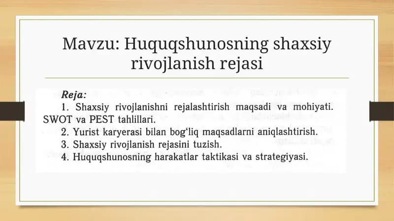 Huquqshunosning shaxsiy rivojlanish rejasi