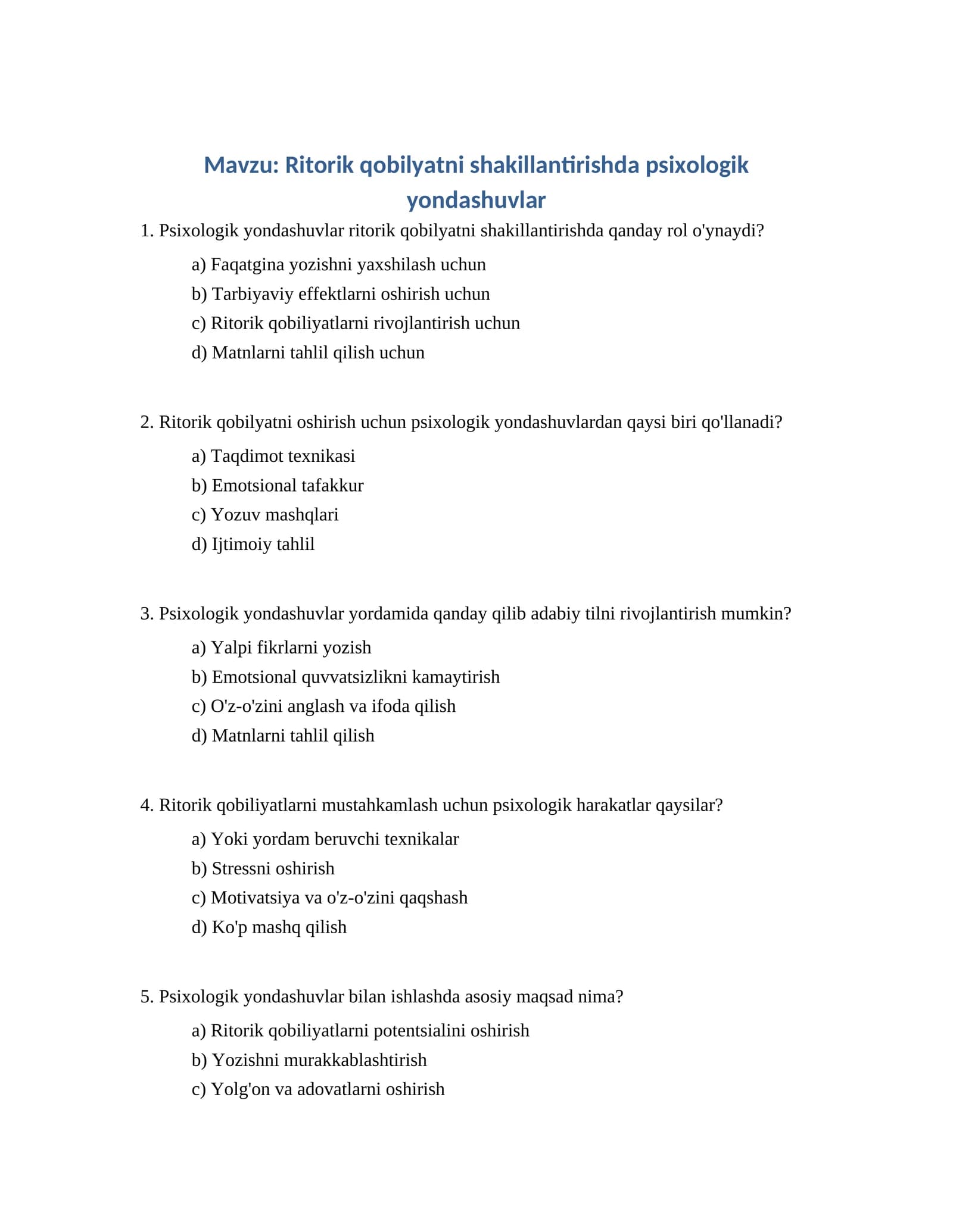 Ritorik qobilyatni shakillantirishda psixologik yondashuvlar