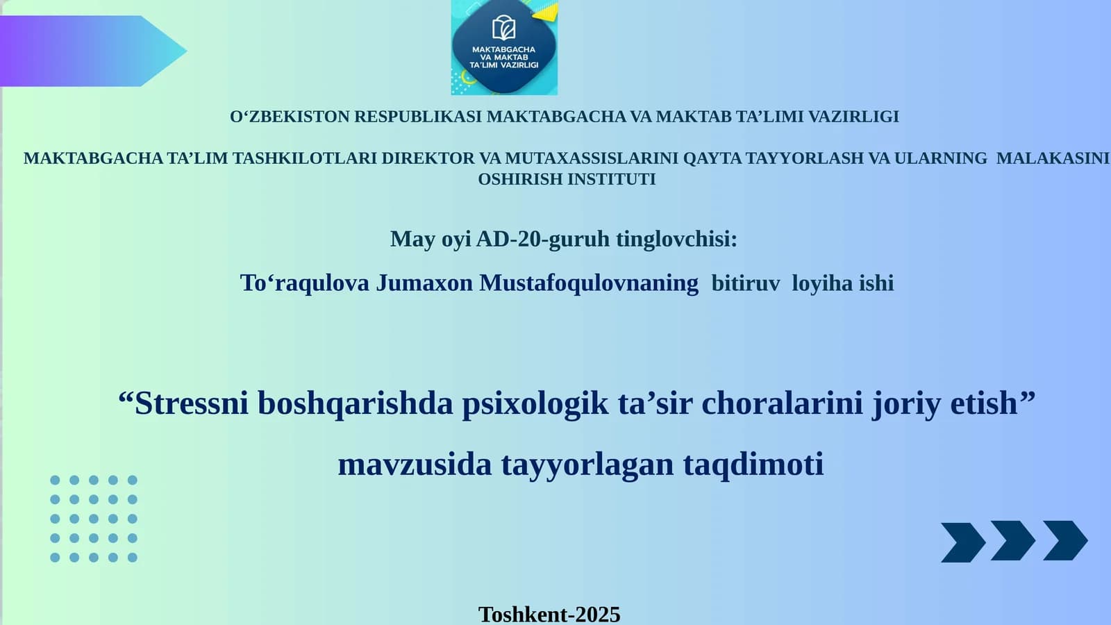 Stressni boshqarishda psixologik ta'sir choralarini joriy etish