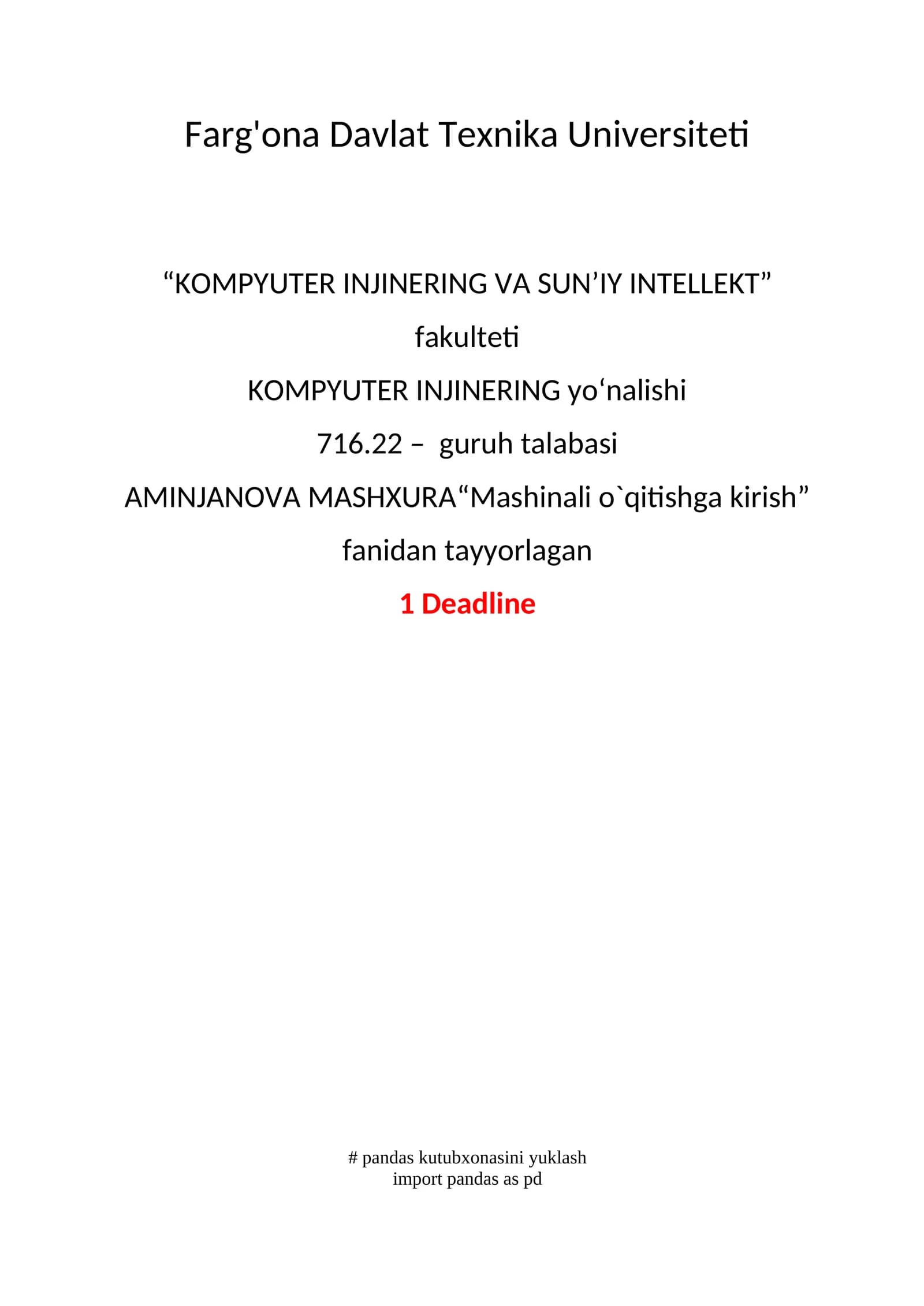AMINJANOVA MASHXURA “Mashinali o`qitishga kirish”