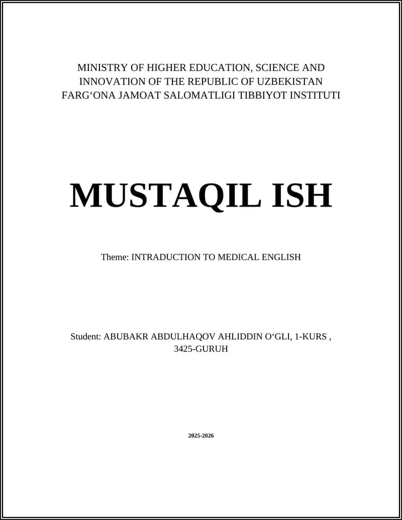 INTRADUCTION TO MEDICAL ENGLISH