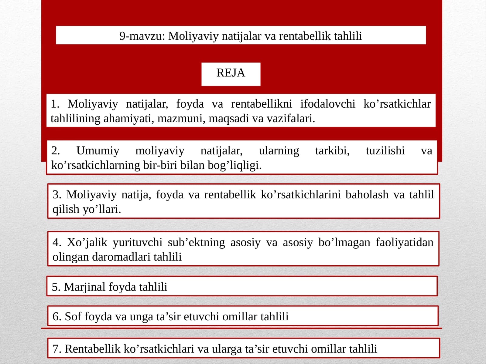 9-mavzu: Moliyaviy natijalar va rentabellik tahlili