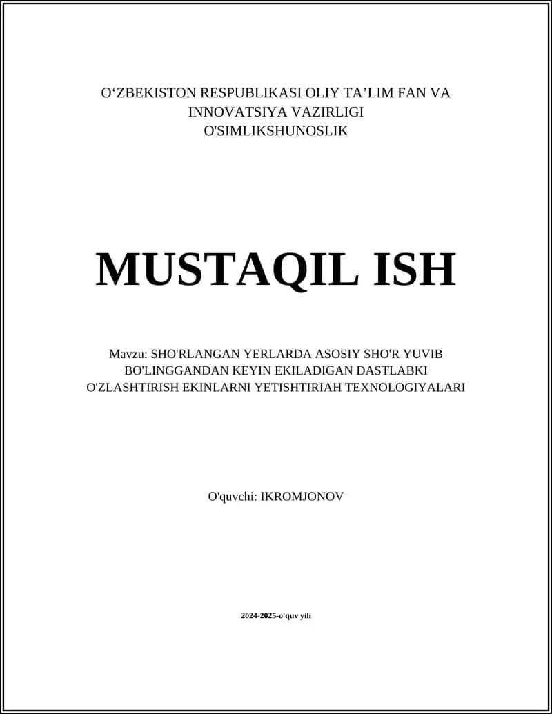 Sho'rlangan Yerlarda Asosiy Sho'r Yuvib Bo'linggandan Keyin Ekiladigan Dastlabki O'zlashtirish Ekinlarni Yetishtiriah Texnologiyalari