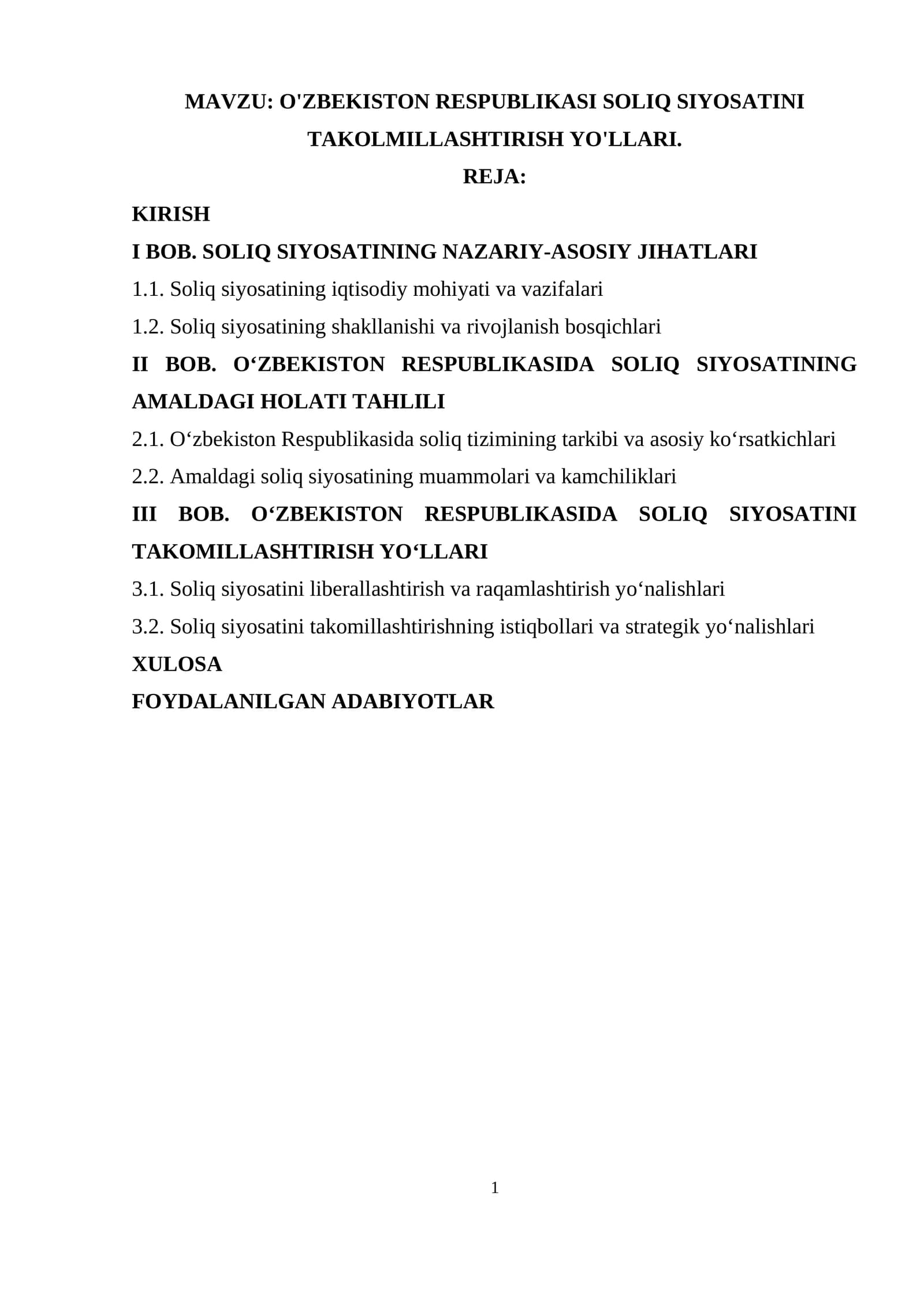 O‘ZBEKISTON RESPUBLIKASI SOLIQ SIYOSATINI TAKOLMILLASHTIRISH YO'LLARI